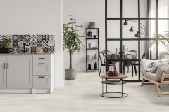 Elegant kitchen and dining room interior with black and white design and plant in concrete pot